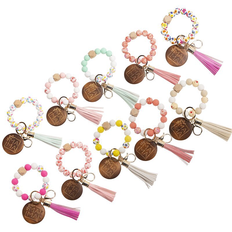 Wholesale Mother's Day Gifts MAMA Wood Chips Pendant Silicone Beads Bracelet Key Chain